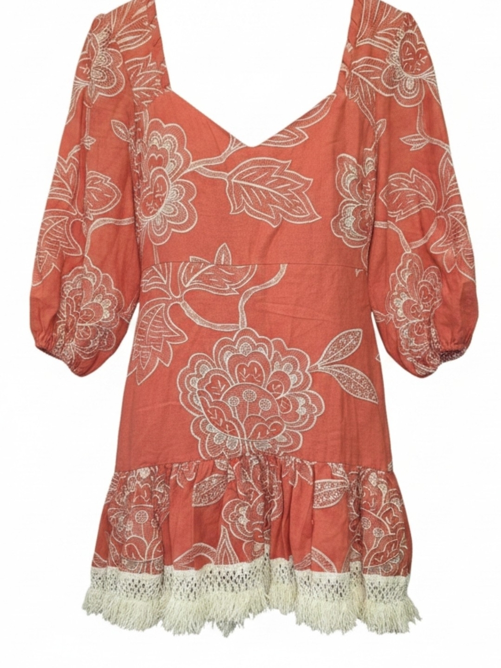 Alexis Coral Floral Puff-Sleeve Tunic with Cream Trim Sz L